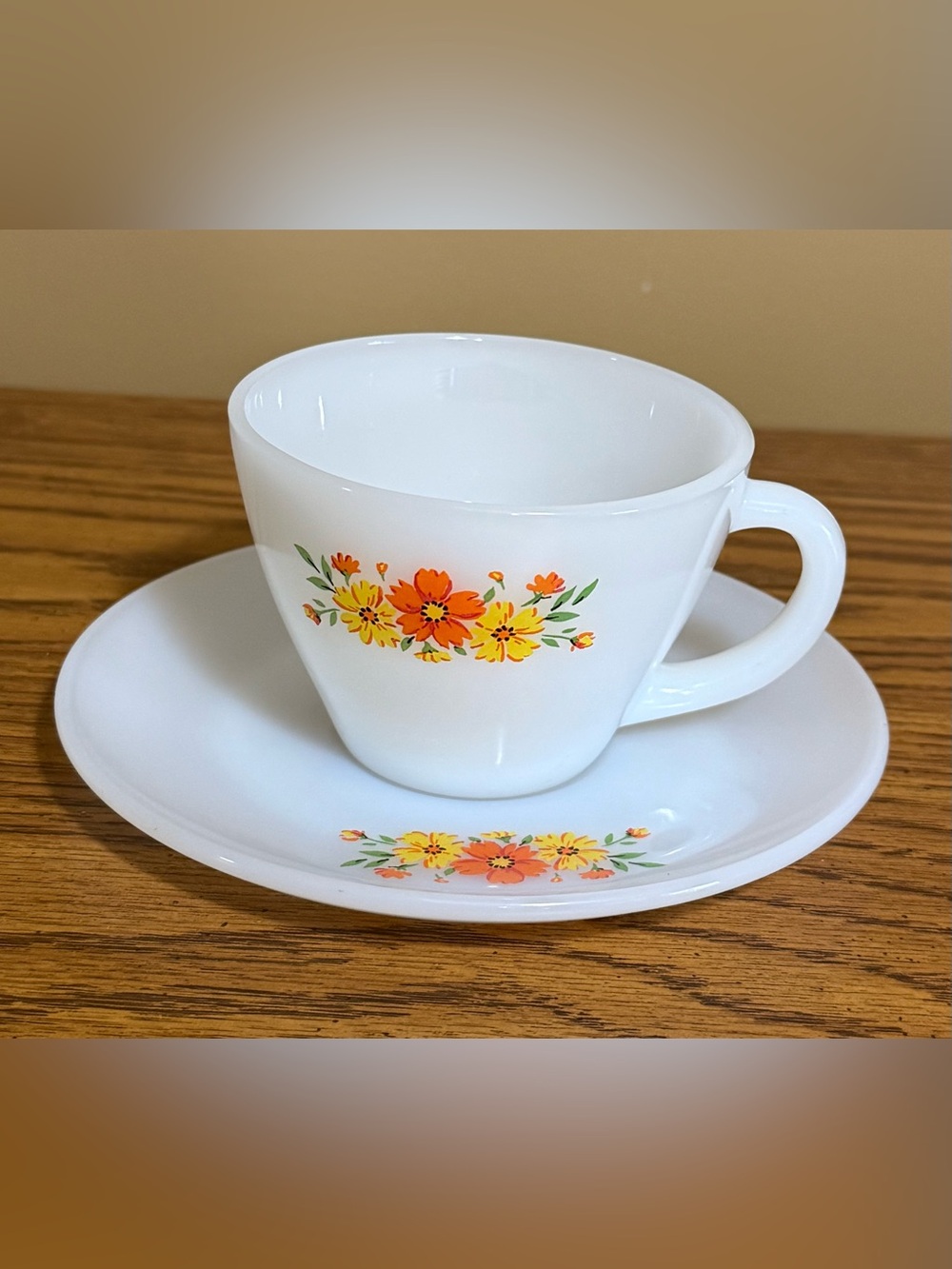 Fire King Vintage Coffee Cup And Saucer Cosmos Design MCM Circa 1950s-1960s